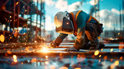 Construction worker welding, construction site in the background - obrazy, fototapety, plakaty