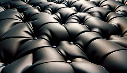 Obraz premium Close-up of a black leather tufted texture, photographic style, dark concept, luxury design, Generative AI. Generative AI