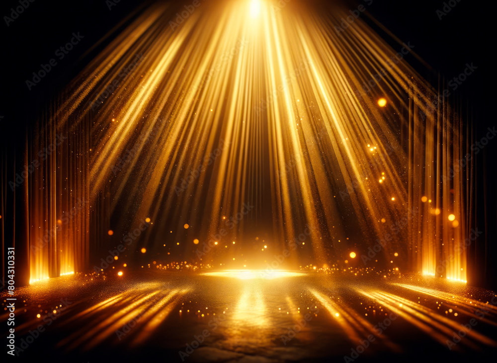 Poster golden beams of light with sparkling particles on a dark background, evoking a sense of glamour and 