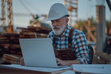 Mature architect working on laptop in construction area