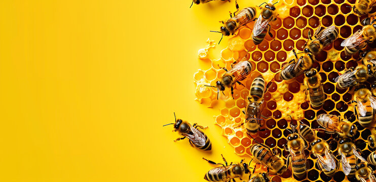 Bees in honeycomb closeup, queen bee among the bees on yellow background with text copy space