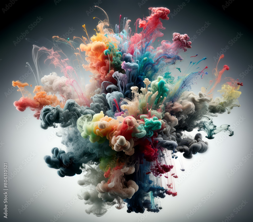 Poster an explosion of multi-colored ink in water, captured against a gradient background, symbolizing crea