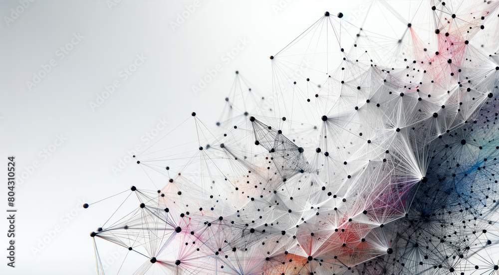 Poster An intricate network of interconnected dots and lines creating an abstract formation on a white background, embodying the concept of connectivity. Generative AI