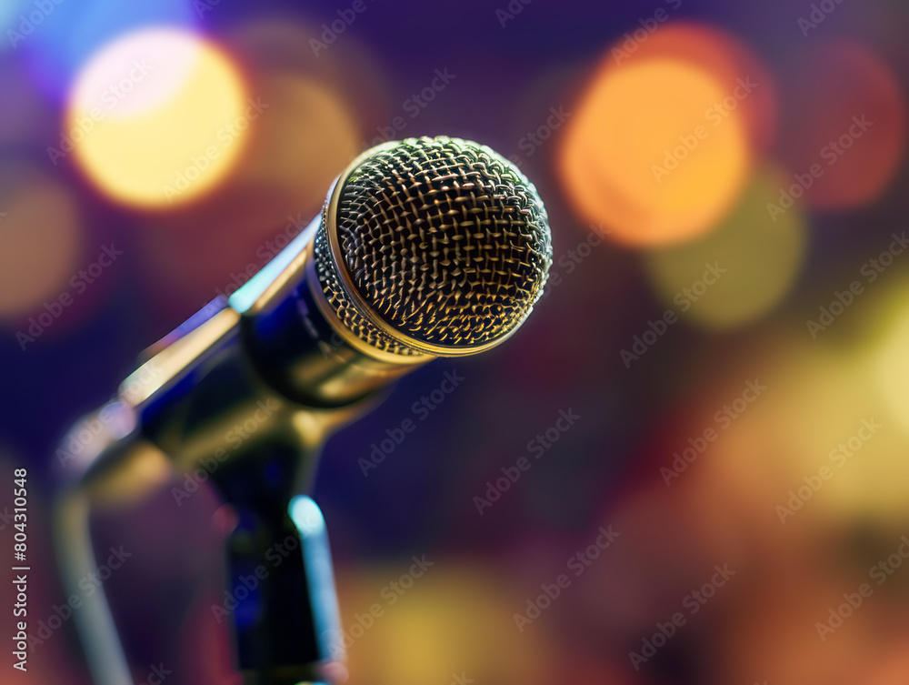 Poster close-up of a microphone on a bokeh light background, conveying a concept of performance or announce