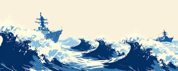 Dramatic naval scene with warships navigating through turbulent seas in a minimalist blue illustration