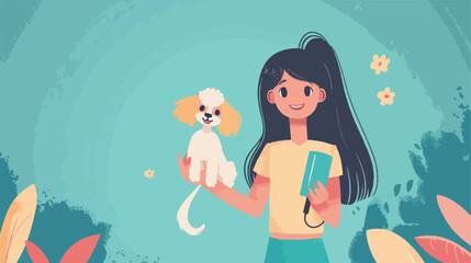 Young woman with cute dog and lint roller on color backgroun