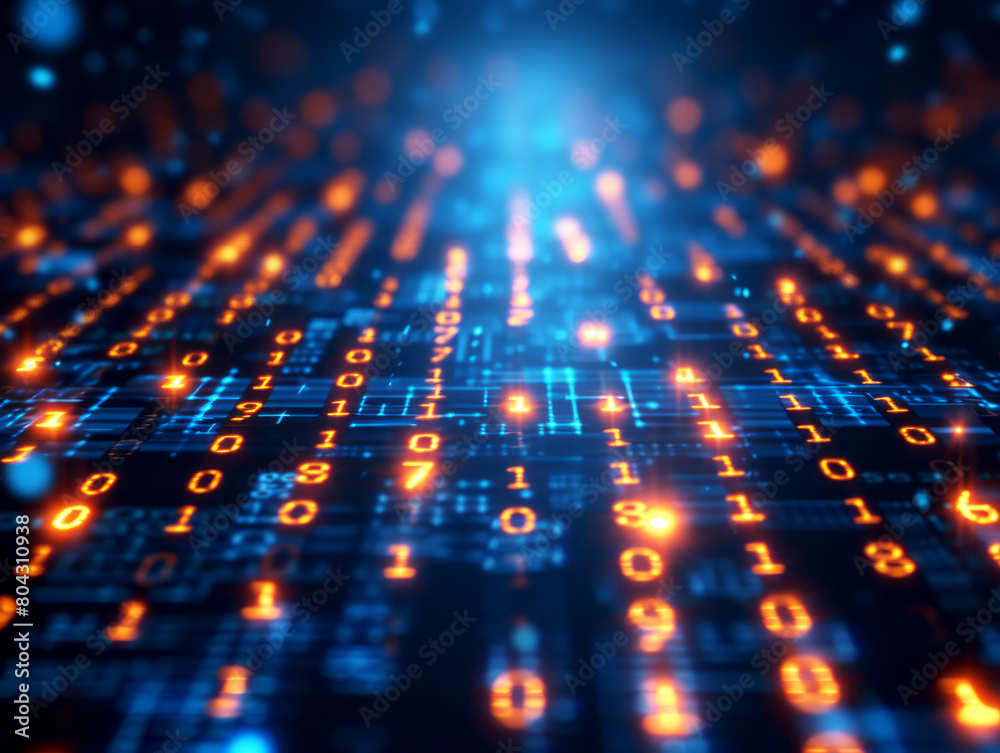 Poster Digital binary code on a dynamic grid, glowing with blue and orange light, representing data or cyber concept on a dark background. Generative AI