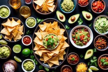 Mexican food, many dishes of the cuisine of Mexico, flat lay, shot from above on a black background. Nachos, tequila, guacamole 