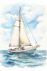 A watercolor painting depicting a sailboat gracefully navigating the open ocean under a clear sky. The boats sails are billowing in the wind, and waves can be seen rolling around its hull