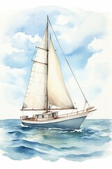 Fototapeta premium A watercolor painting depicting a sailboat gracefully navigating the open ocean under a clear sky. The boats sails are billowing in the wind, and waves can be seen rolling around its hull