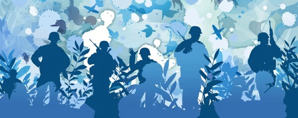 Naklejka premium Silhouetted soldiers in peacekeeping mission set against abstract nature backdrop