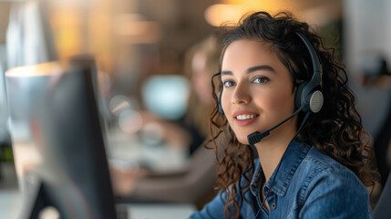 A positive and attentive young woman, equipped with a microphone headset, diligently assisting customers over the phone