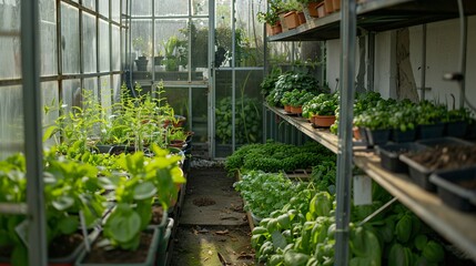 Closeup view inside well organised greenhouse with different crops growing in it