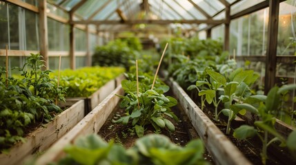 Closeup view inside well organised greenhouse with different crops growing in it