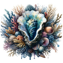 Obraz premium Watercolor Sea Creatures Clipart, Watercolor Underwater Ocean Animals, Magical Sea Coral, Life Aquatic Animals PNG 