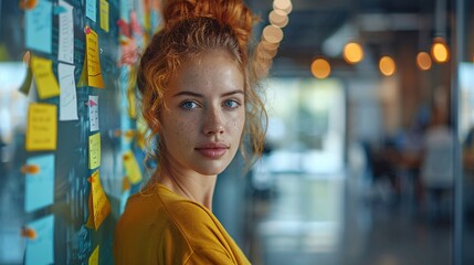 Fototapeta premium Focused Young Woman with Planning Notes in Creative Office