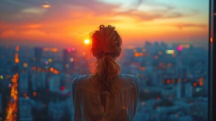 Woman Gazing at Sunset Over Cityscape from High-Rise Office