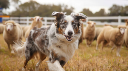 An Australian Shepherd herding sheep or demonstrating its agility in an obedience course