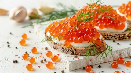 Homemade appetizer with red caviar, sour cream, dill, onion and rye bread on the white table - the traditional finnish recipe for a holiday food, flat lay in minimalistic style, healthy eating