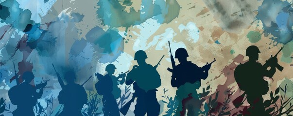 Silhouettes of soldiers in a colorful, abstract battle scene capturing the intensity of peacekeeping operations