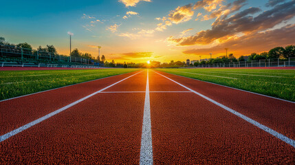 Red running track with white marking stripes without people, in sunset. Cinder treadmill in stadium. Comfortable environment for healthy lifestyle, sports, training.  Summer sport and fitness concept.