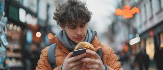 Young handsome man in casual clothes using a smartphone while eating a hamburger on the street. Manager browsing the web and messaging people online while wearing casual clothing. - Powered by Adobe