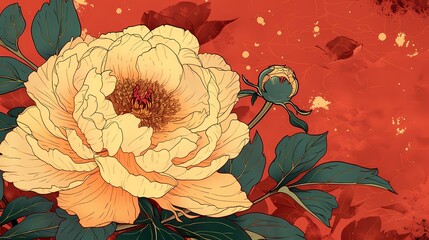 Vintage cream peony flowers illustration poster background