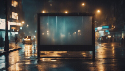 Illuminated blank billboard on a wet urban street at night, ready for advertising messages