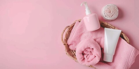 Bath and beauty products on pink background