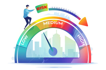 Man balancing on a risk meter gauge from low to high, representing business risk assessment.