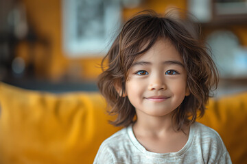 an adorable Japanese American little boy smiling while wearing a white t shirt with blurry living room as the background. Child looking to the camera smiling