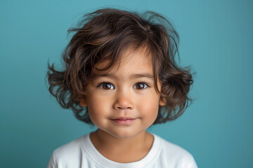 an adorable Japanese American little boy smiling while wearing a white t shirt on blue background. Child looking to the camera smiling