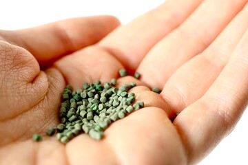 Plastc polymer granules pellets on a hand on white background symbolizing plastic production, microplastic and plastic pollution of the environment, sustainability and recycling, low waste production