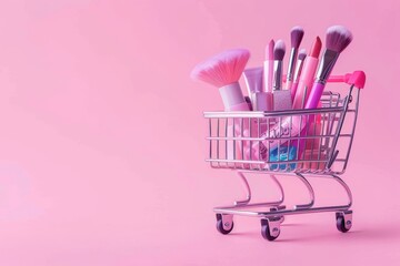 Shopping cart full of makeup products on a pink background.