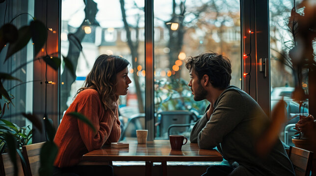 Jeune couple vue de profil assis face &agrave; face &agrave; une table dans un bar restaurant
