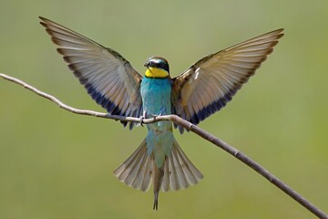 European Bee-Eater (Merops apiaster) in flight on blurred background near Breeding Colony. Is flying in for landing, spreading his wings, in nice warm morning light. Wildlife scene of Nature.