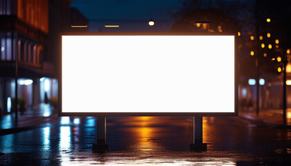 Illuminated blank billboard on a wet urban street at night, ready for advertising messages