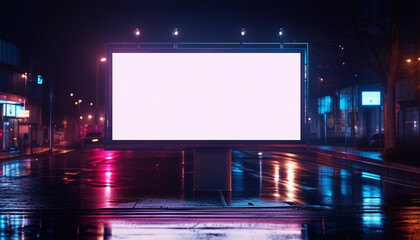 Illuminated blank billboard on a wet urban street at night, ready for advertising messages
