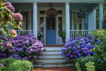 Fototapeta premium Blue Front Door Surrounded by Purple hydrangea Flowers