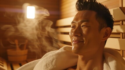 A busy professional unwinding after a long day with a solo sauna session..