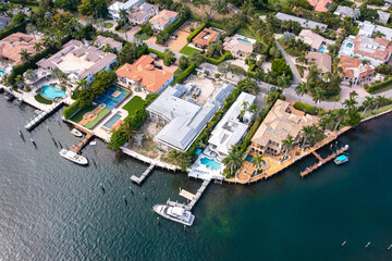 Aerial Shot Luxury Mansions and Homes On The Water in Boca Raton Florida.