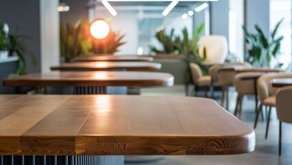 close-up of a polished wooden table in a modern, well-lit cafe or restaurant with blurred background featuring similar tables, contemporary furniture, plants, and a bright light source