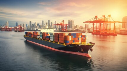 Naklejka premium Large Cargo Ship Navigating Open Waters