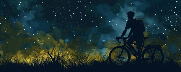 Silhouette of cyclist embarking on a night adventure amidst starry sky and mysterious forest