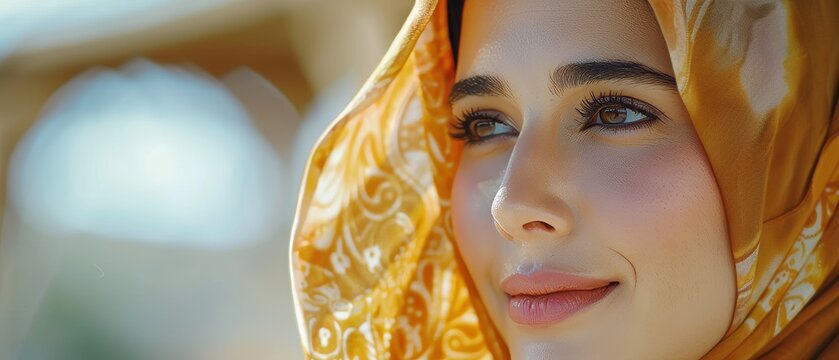 Muslim businesswoman wears hijab and looks thoughtfully afar. Arab woman wearing traditional headscarf is successful and empowered.