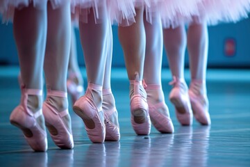 close up of the legs of a ballet class in a row. generative ai