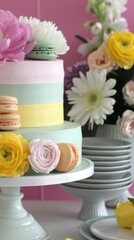 Colorful Macaron and Floral Decorated Cake on Elegant Cake Stands.