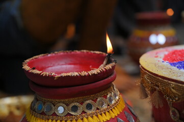 Diwali pooja decoration with kalash Diya hindu festival, festival Diwali, Deepavali or Dipavali the...