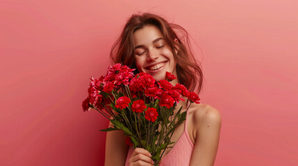 Casual headshot of a smiling woman with a bouquet of flowers
