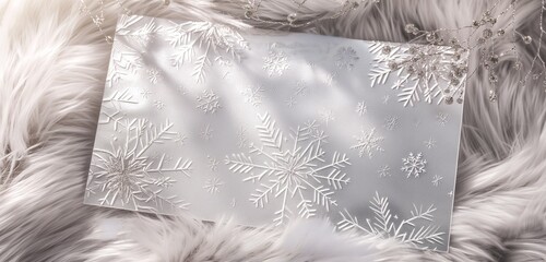 A shimmering, silver cardstock invitation, its surface catching the light to reveal a subtle, embossed snowflake pattern, set against a background of soft,